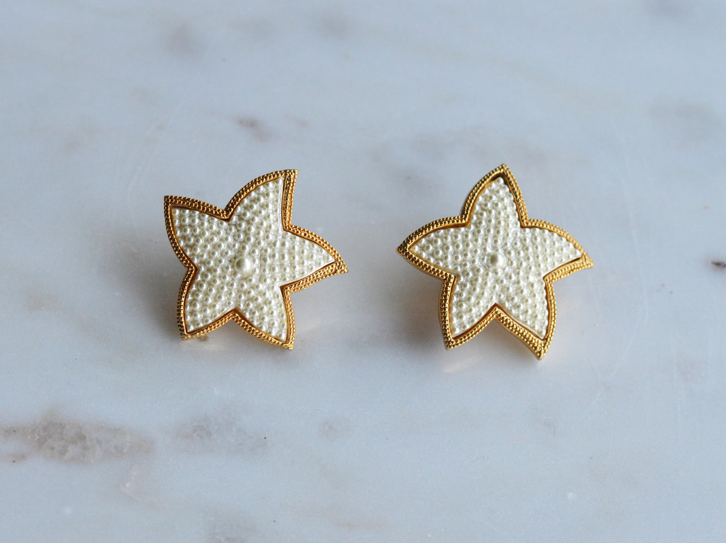 Vintage Star Earrings • Faux Pearl Beaded Stars with Gold Trim • Statement Studs • 80s Costume Jewelry • Retro Glam Gift for Her