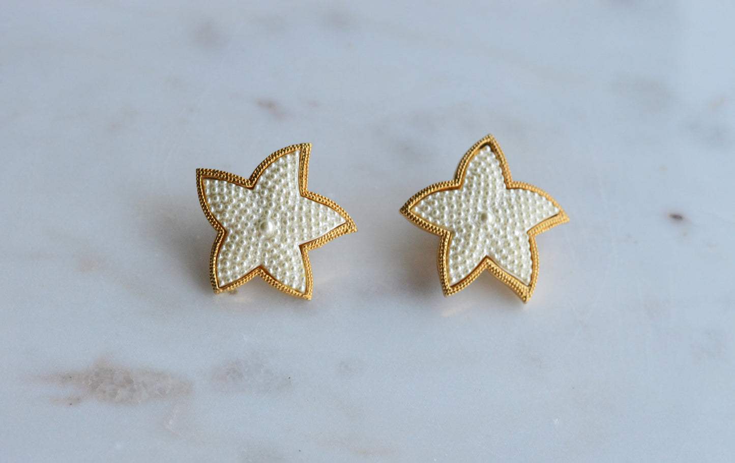 Vintage Star Earrings • Faux Pearl Beaded Stars with Gold Trim • Statement Studs • 80s Costume Jewelry • Retro Glam Gift for Her