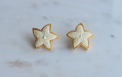Vintage Star Earrings • Faux Pearl Beaded Stars with Gold Trim • Statement Studs • 80s Costume Jewelry • Retro Glam Gift for Her