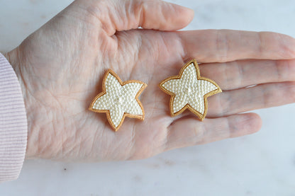 Vintage Star Earrings • Faux Pearl Beaded Stars with Gold Trim • Statement Studs • 80s Costume Jewelry • Retro Glam Gift for Her
