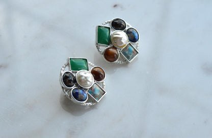 Vintage 1961 Sarah Coventry Happy Holiday Clip On Earrings – Multi-Stone & Faux Pearl Cluster, Silver Tone MCM Retro Costume Jewelry
