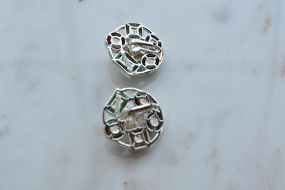 Vintage 1961 Sarah Coventry Happy Holiday Clip On Earrings – Multi-Stone & Faux Pearl Cluster, Silver Tone MCM Retro Costume Jewelry