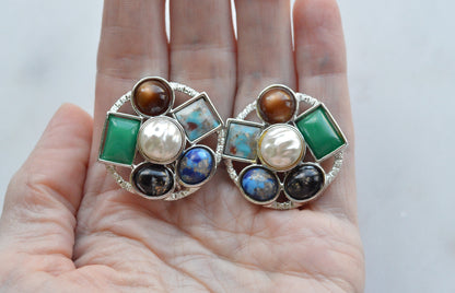 Vintage 1961 Sarah Coventry Happy Holiday Clip On Earrings – Multi-Stone & Faux Pearl Cluster, Silver Tone MCM Retro Costume Jewelry