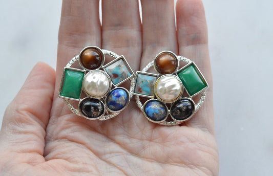 Vintage 1961 Sarah Coventry Happy Holiday Clip On Earrings – Multi-Stone & Faux Pearl Cluster, Silver Tone MCM Retro Costume Jewelry
