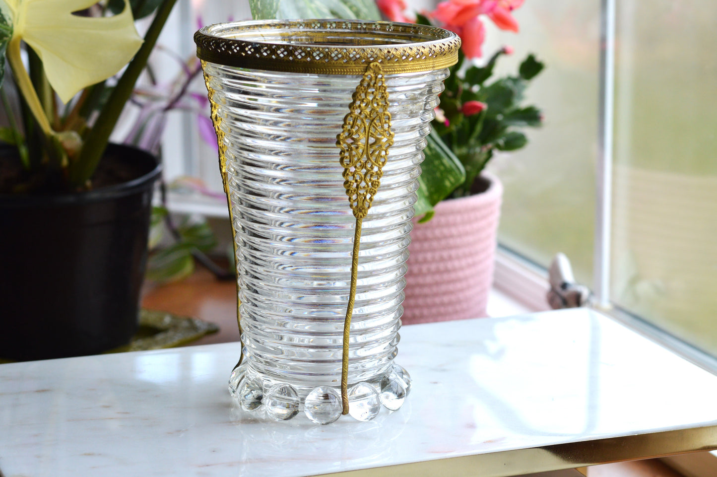 Vintage Anchor Hocking Manhattan Ribbed Glass Vase with Gold Filigree Accents - Art Deco Style