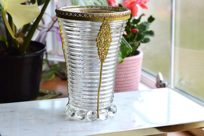 Vintage Anchor Hocking Manhattan Ribbed Glass Vase with Gold Filigree Accents - Art Deco Style