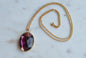 Vintage Gold‑Tone Rope Chain Necklace w/ Faceted Ombre Glass Pendant | Purple‑Pink Gradient Stone | Scalloped Bezel | 1970s Statement Jewelry