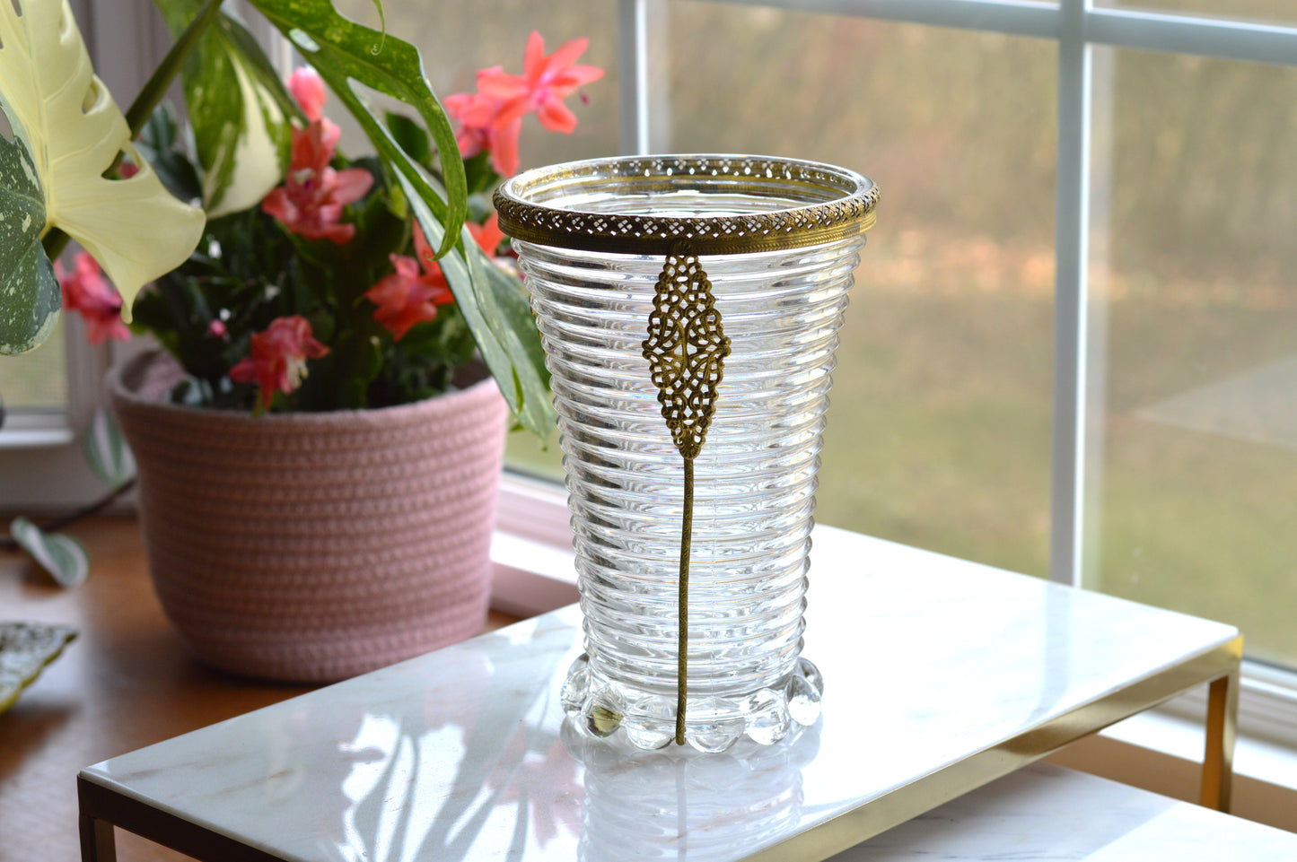 Vintage Anchor Hocking Manhattan Ribbed Glass Vase with Gold Filigree Accents - Art Deco Style