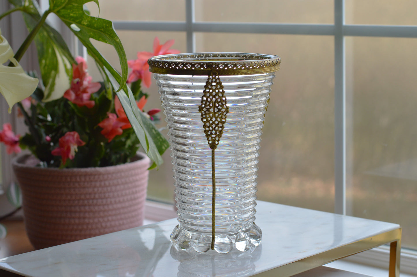 Vintage Anchor Hocking Manhattan Ribbed Glass Vase with Gold Filigree Accents - Art Deco Style