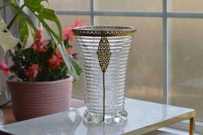 Vintage Anchor Hocking Manhattan Ribbed Glass Vase with Gold Filigree Accents - Art Deco Style