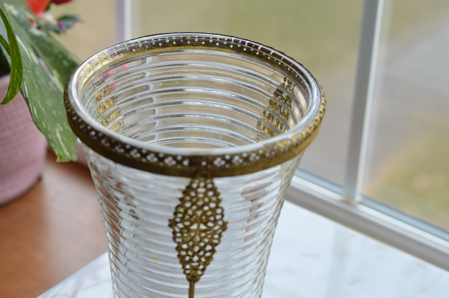 Vintage Anchor Hocking Manhattan Ribbed Glass Vase with Gold Filigree Accents - Art Deco Style