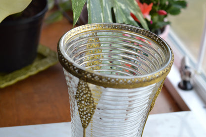 Vintage Anchor Hocking Manhattan Ribbed Glass Vase with Gold Filigree Accents - Art Deco Style