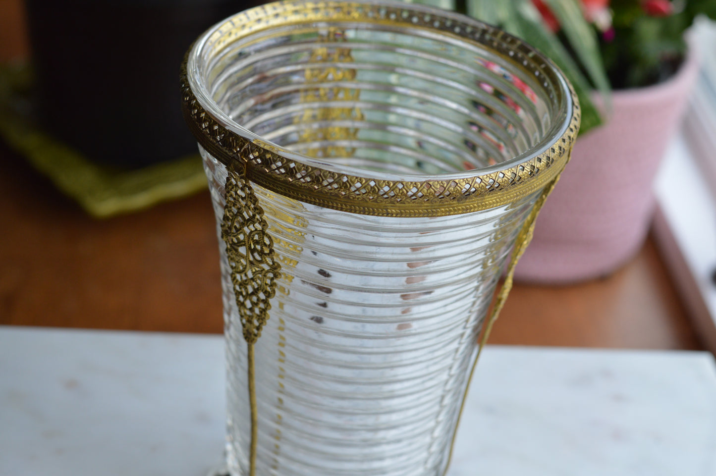 Vintage Anchor Hocking Manhattan Ribbed Glass Vase with Gold Filigree Accents - Art Deco Style