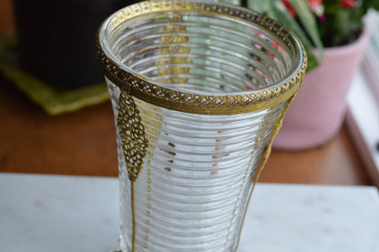 Vintage Anchor Hocking Manhattan Ribbed Glass Vase with Gold Filigree Accents - Art Deco Style