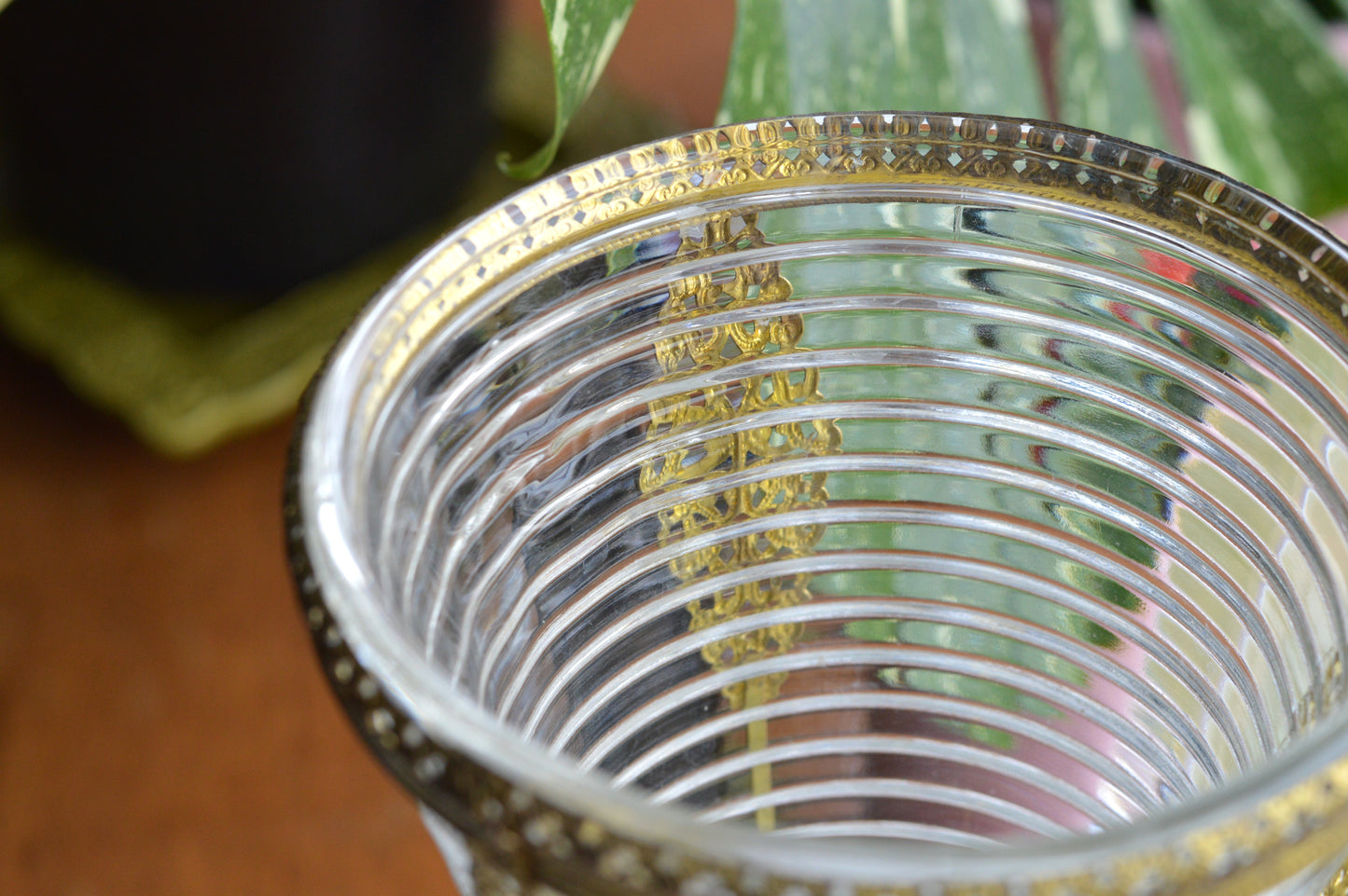 Vintage Anchor Hocking Manhattan Ribbed Glass Vase with Gold Filigree Accents - Art Deco Style