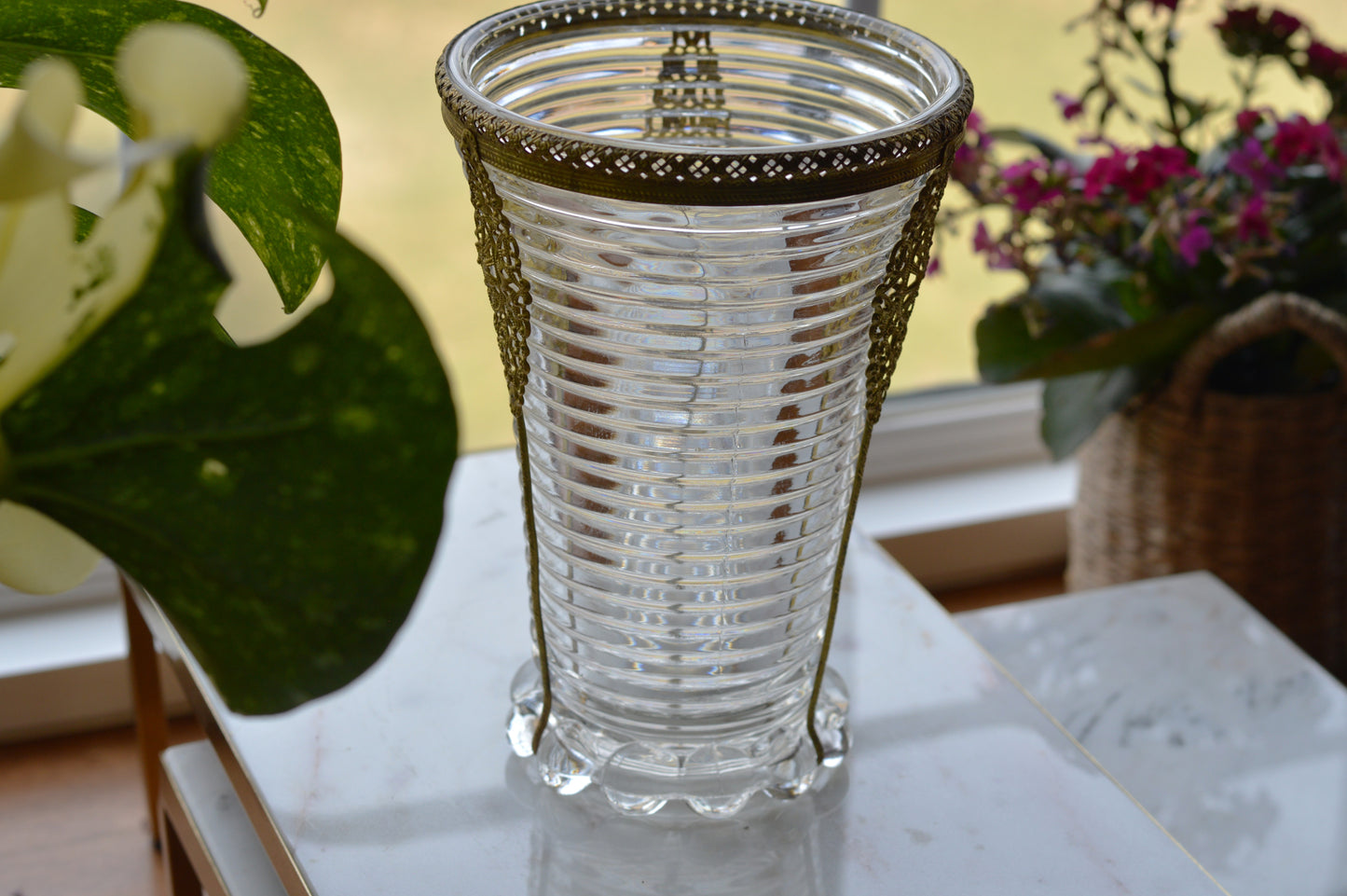 Vintage Anchor Hocking Manhattan Ribbed Glass Vase with Gold Filigree Accents - Art Deco Style