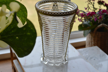 Vintage Anchor Hocking Manhattan Ribbed Glass Vase with Gold Filigree Accents - Art Deco Style