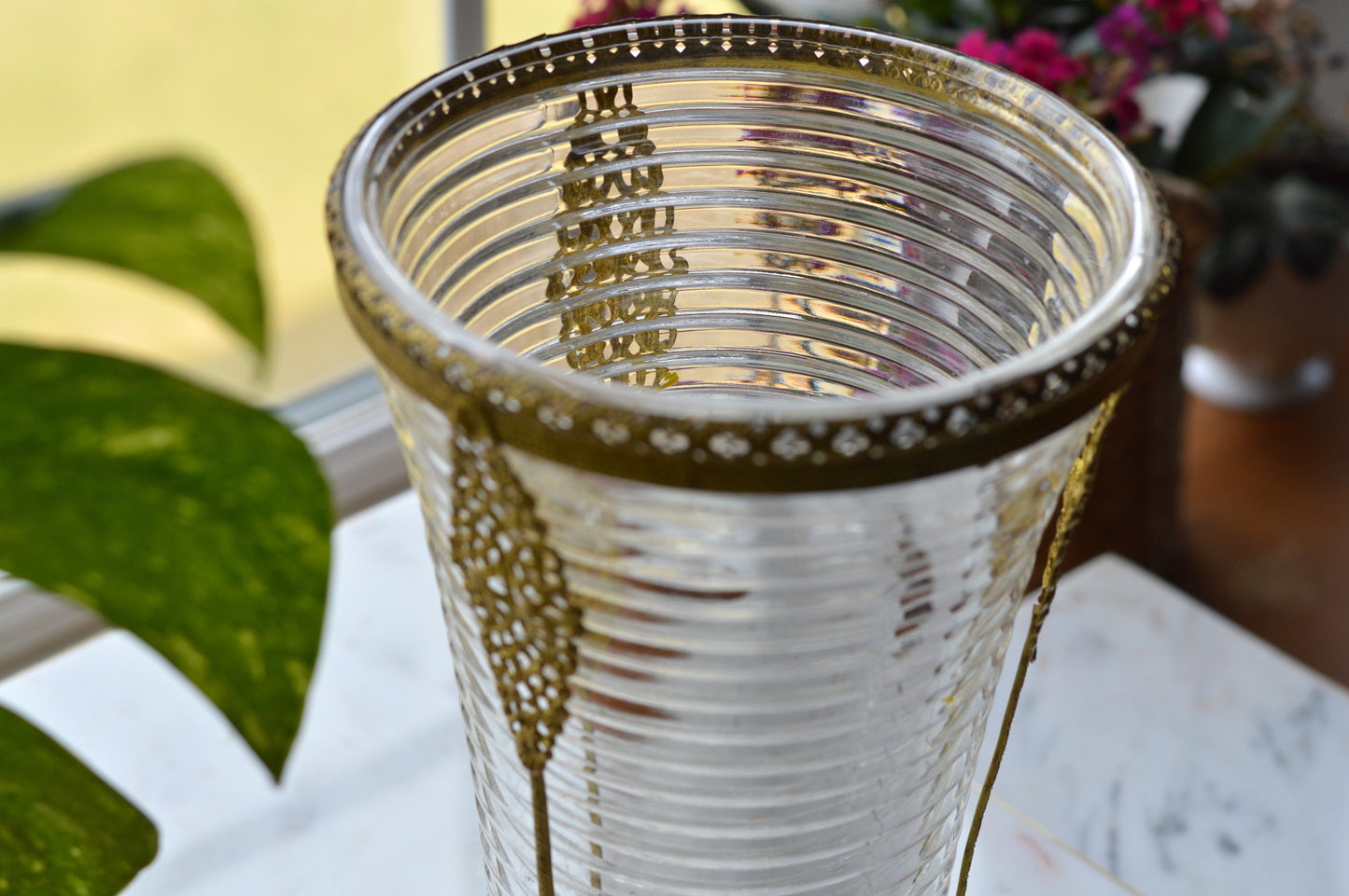 Vintage Anchor Hocking Manhattan Ribbed Glass Vase with Gold Filigree Accents - Art Deco Style