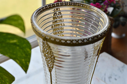 Vintage Anchor Hocking Manhattan Ribbed Glass Vase with Gold Filigree Accents - Art Deco Style
