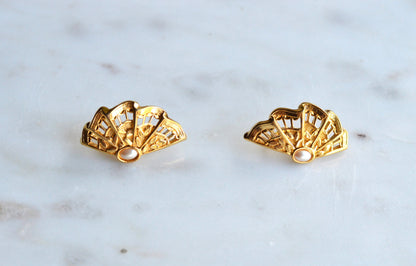 Vintage Avon "Moonlight Lace" Clip-On Earrings - Gold Tone Filigree Fan with Faux Pearl - 1980s Victorian Revival Jewelry