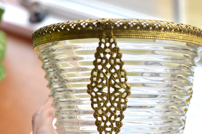 Vintage Anchor Hocking Manhattan Ribbed Glass Vase with Gold Filigree Accents - Art Deco Style