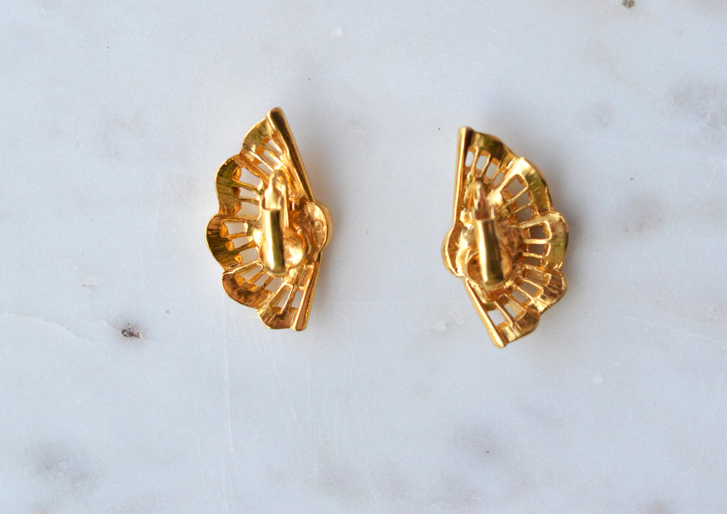 Vintage Avon "Moonlight Lace" Clip-On Earrings - Gold Tone Filigree Fan with Faux Pearl - 1980s Victorian Revival Jewelry