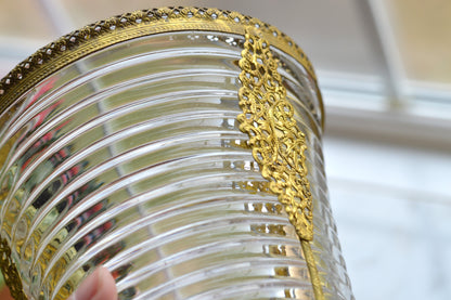 Vintage Anchor Hocking Manhattan Ribbed Glass Vase with Gold Filigree Accents - Art Deco Style