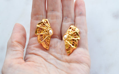 Vintage Avon "Moonlight Lace" Clip-On Earrings - Gold Tone Filigree Fan with Faux Pearl - 1980s Victorian Revival Jewelry