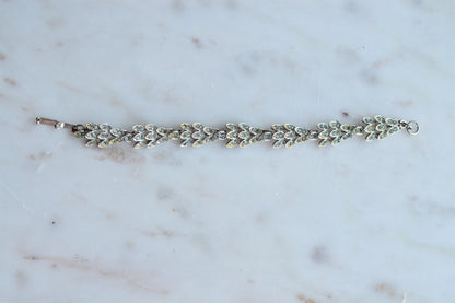 Vintage Silver-Tone Blue Rhinestone Leaf Link Bracelet – Mid-Century Articulated Vine Design, Floral Costume Jewelry
