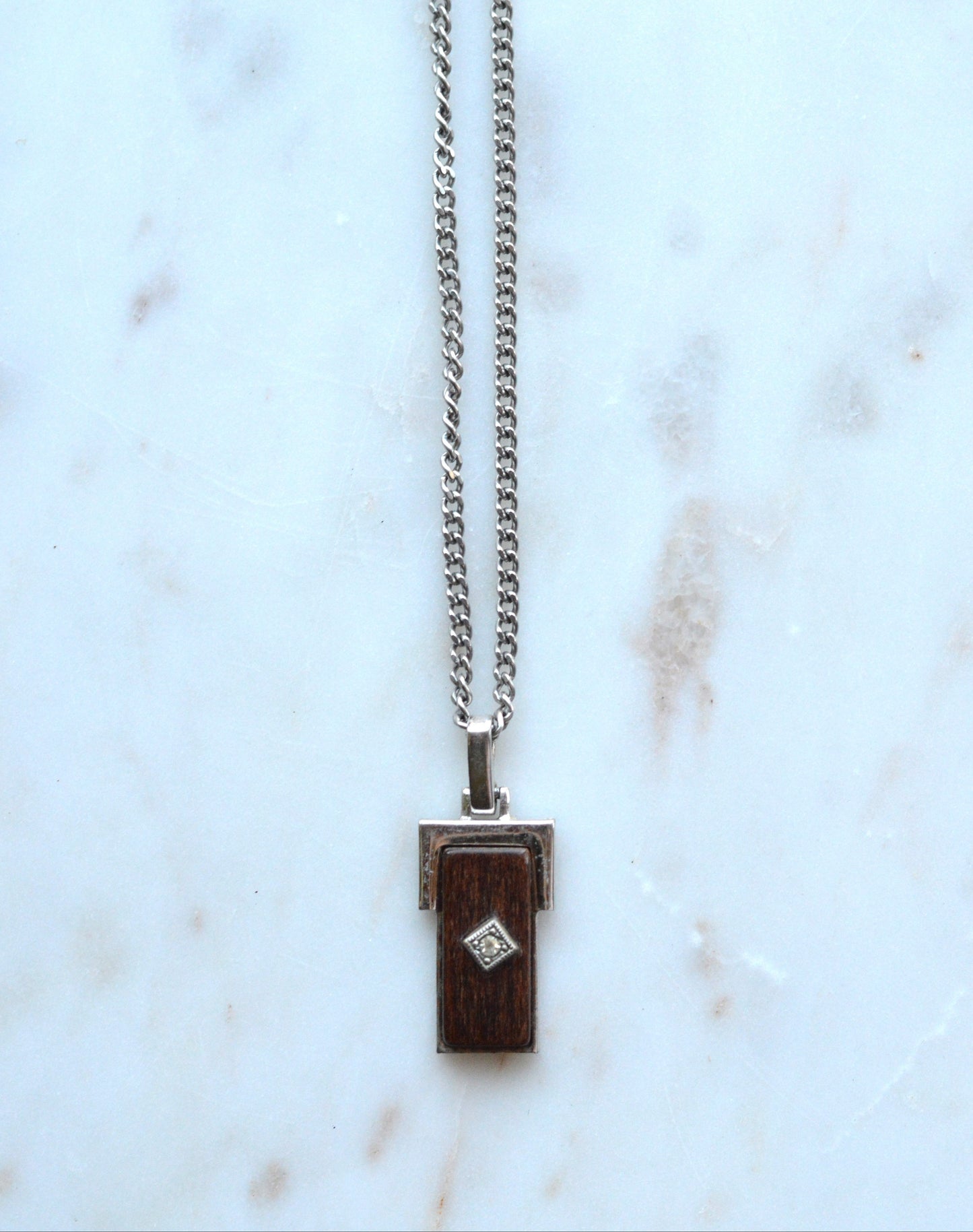 Vintage Avon Silver & Wood Inlay Pendant Necklace | Rectangular Mixed‑Material Pendant w/ Diamond Accent | Modern Rustic Jewelry