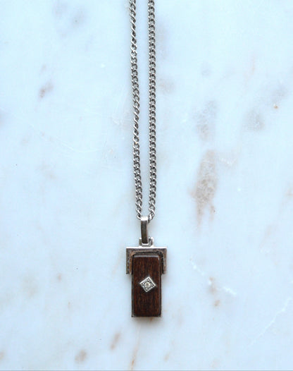 Vintage Avon Silver & Wood Inlay Pendant Necklace | Rectangular Mixed‑Material Pendant w/ Diamond Accent | Modern Rustic Jewelry