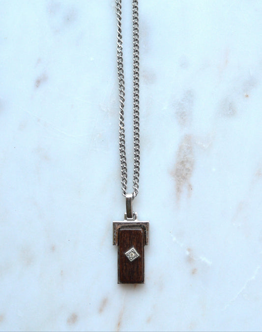 Vintage Avon Silver & Wood Inlay Pendant Necklace | Rectangular Mixed‑Material Pendant w/ Diamond Accent | Modern Rustic Jewelry