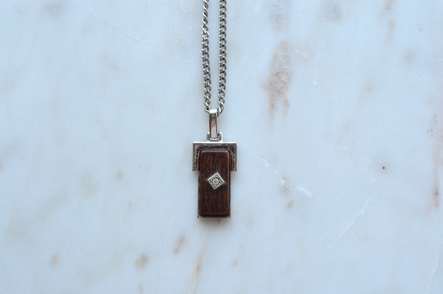 Vintage Avon Silver & Wood Inlay Pendant Necklace | Rectangular Mixed‑Material Pendant w/ Diamond Accent | Modern Rustic Jewelry