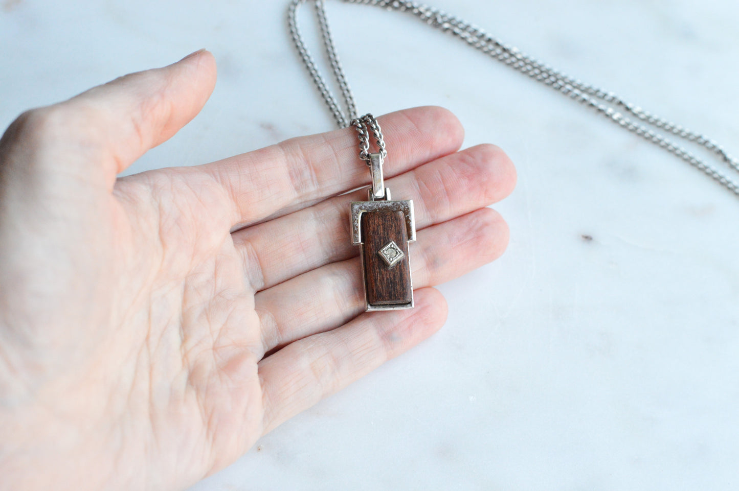 Vintage Avon Silver & Wood Inlay Pendant Necklace | Rectangular Mixed‑Material Pendant w/ Diamond Accent | Modern Rustic Jewelry