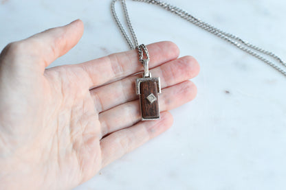 Vintage Avon Silver & Wood Inlay Pendant Necklace | Rectangular Mixed‑Material Pendant w/ Diamond Accent | Modern Rustic Jewelry