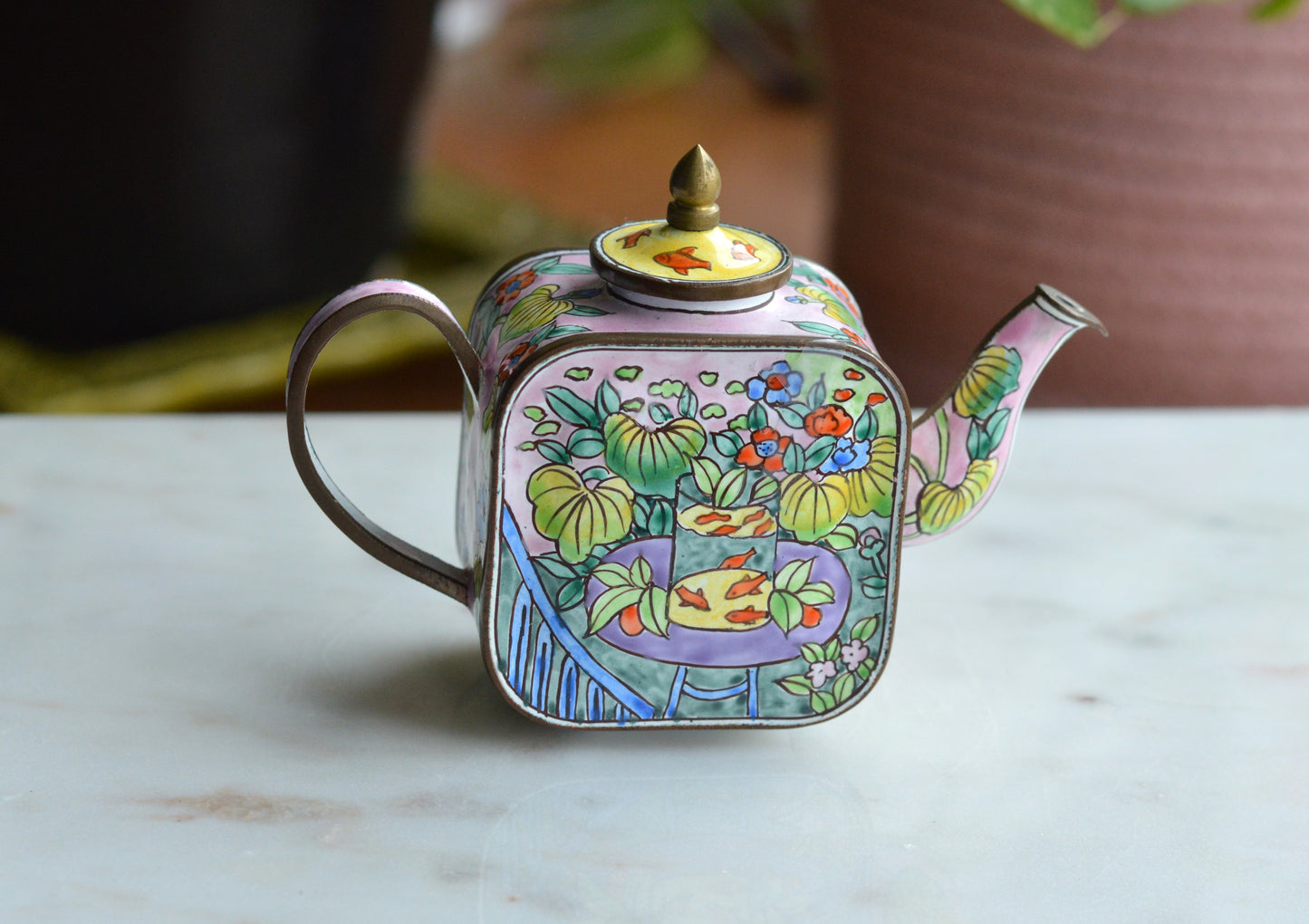 Vintage Trade + Aid Miniature Enamel Teapot - Matisse Goldfish Design No. 18 - Hand Painted Collectible Copper & Brass Teapot