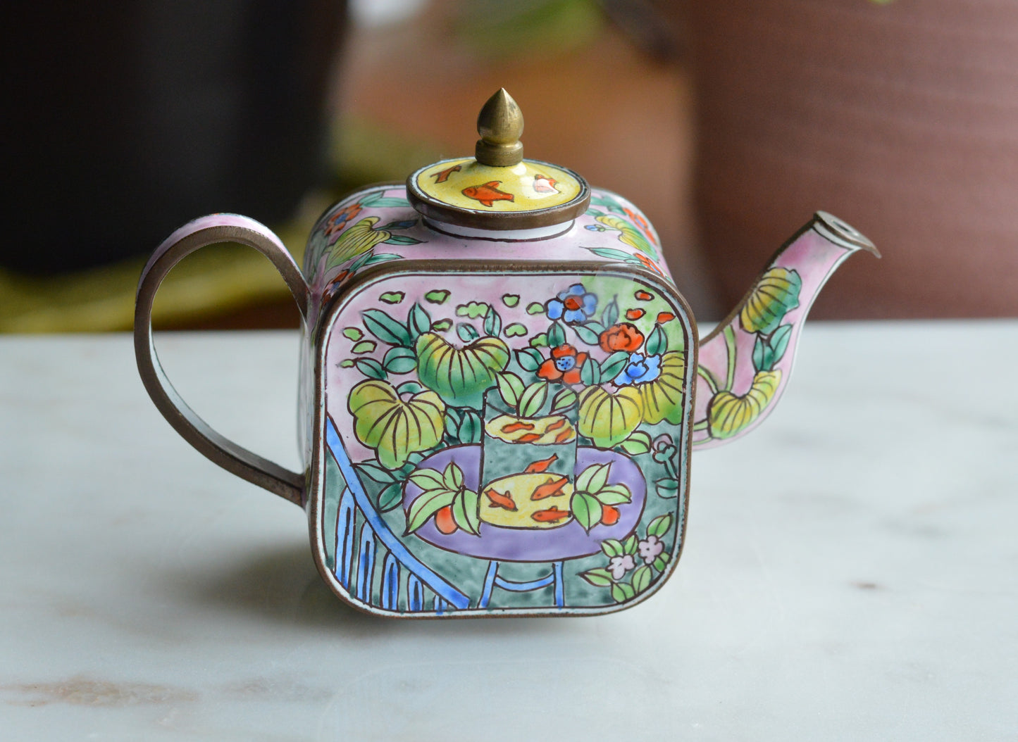Vintage Trade + Aid Miniature Enamel Teapot - Matisse Goldfish Design No. 18 - Hand Painted Collectible Copper & Brass Teapot