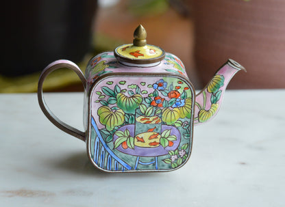 Vintage Trade + Aid Miniature Enamel Teapot - Matisse Goldfish Design No. 18 - Hand Painted Collectible Copper & Brass Teapot