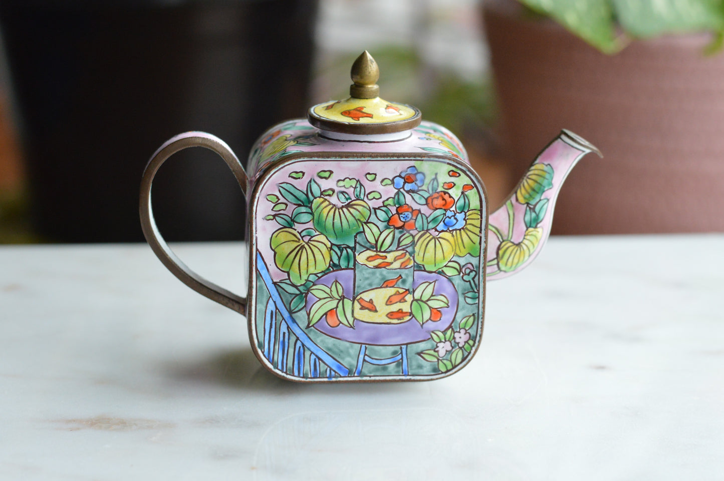 Vintage Trade + Aid Miniature Enamel Teapot - Matisse Goldfish Design No. 18 - Hand Painted Collectible Copper & Brass Teapot