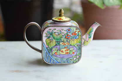 Vintage Trade + Aid Miniature Enamel Teapot - Matisse Goldfish Design No. 18 - Hand Painted Collectible Copper & Brass Teapot