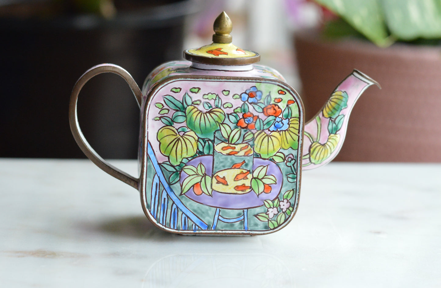 Vintage Trade + Aid Miniature Enamel Teapot - Matisse Goldfish Design No. 18 - Hand Painted Collectible Copper & Brass Teapot