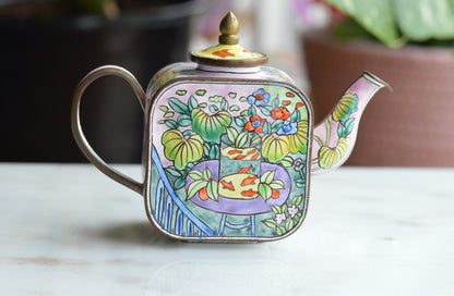 Vintage Trade + Aid Miniature Enamel Teapot - Matisse Goldfish Design No. 18 - Hand Painted Collectible Copper & Brass Teapot