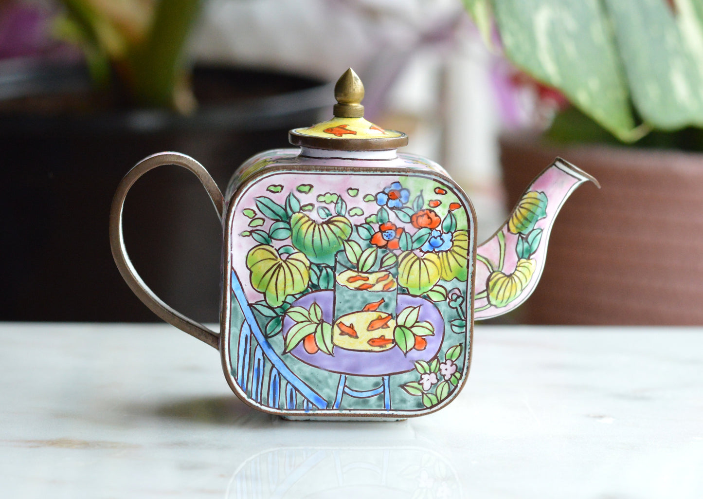 Vintage Trade + Aid Miniature Enamel Teapot - Matisse Goldfish Design No. 18 - Hand Painted Collectible Copper & Brass Teapot