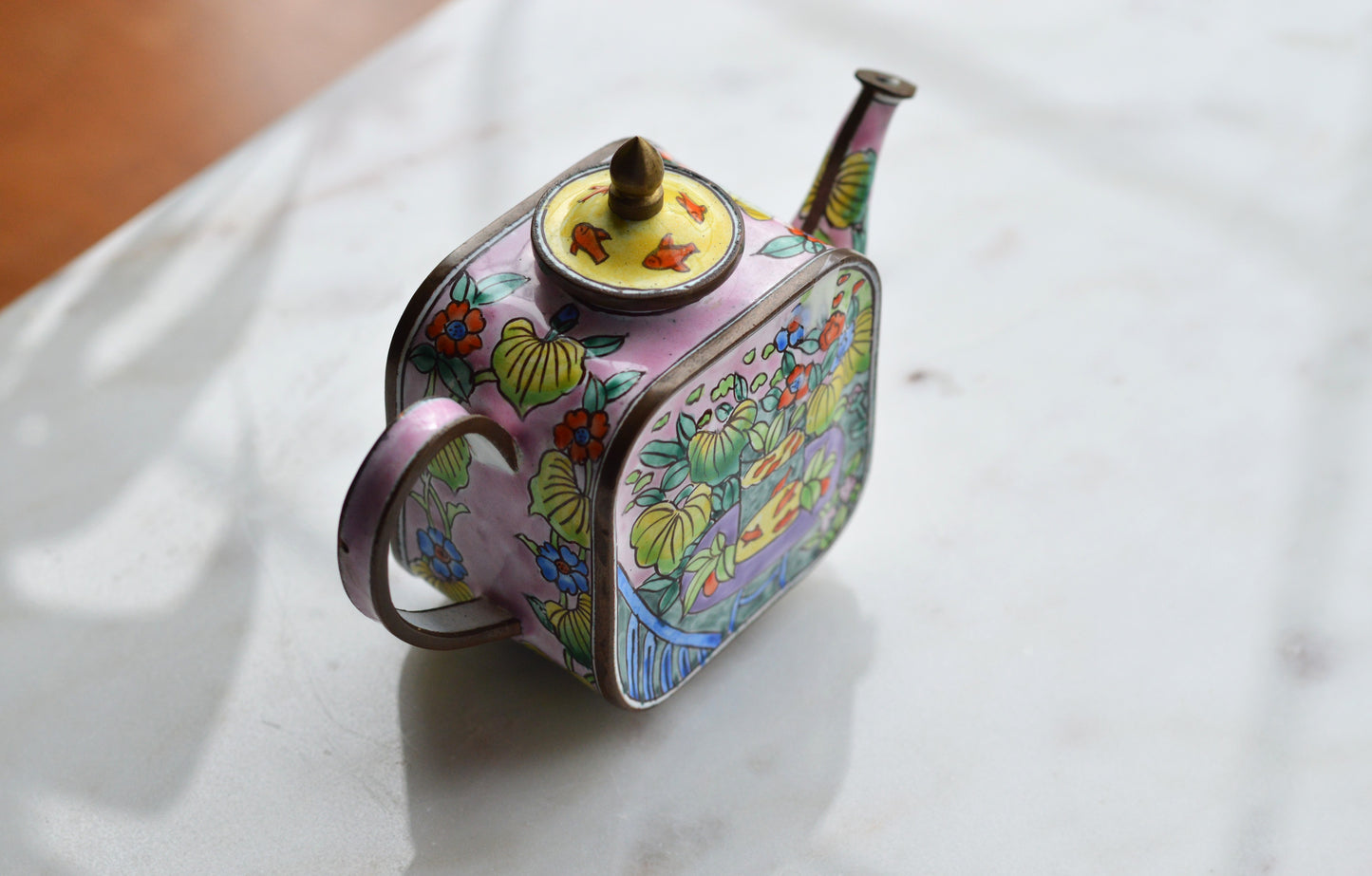 Vintage Trade + Aid Miniature Enamel Teapot - Matisse Goldfish Design No. 18 - Hand Painted Collectible Copper & Brass Teapot
