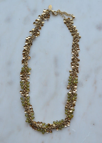 Vintage Signed Worthington Gold-Tone Beaded Cluster Necklace – Olive Green & Metallic Disc Fringe, 90s Statement Jewelry