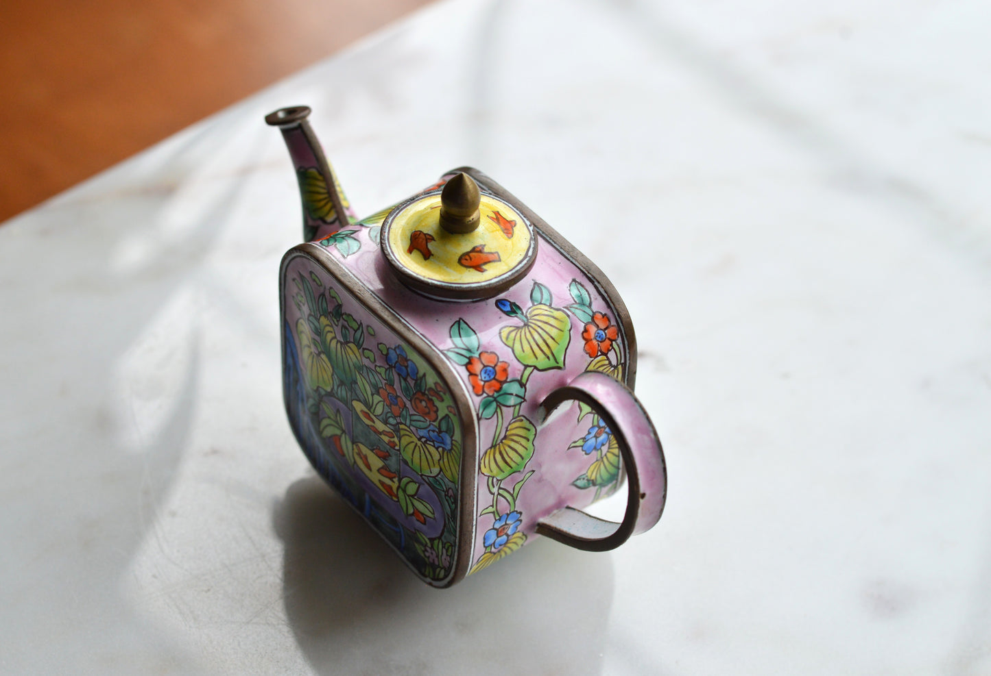 Vintage Trade + Aid Miniature Enamel Teapot - Matisse Goldfish Design No. 18 - Hand Painted Collectible Copper & Brass Teapot