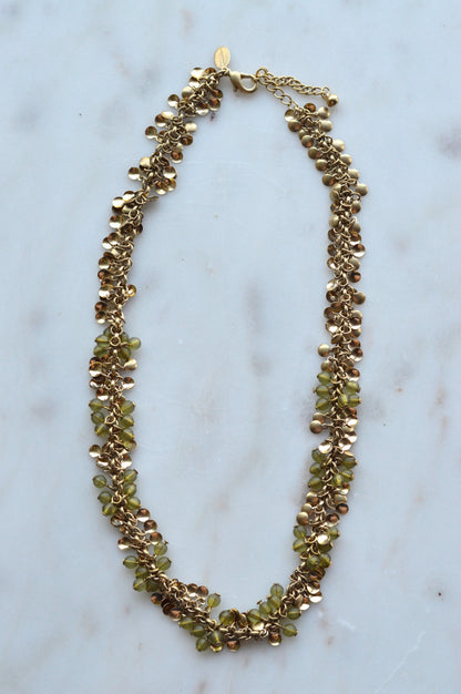 Vintage Signed Worthington Gold-Tone Beaded Cluster Necklace – Olive Green & Metallic Disc Fringe, 90s Statement Jewelry