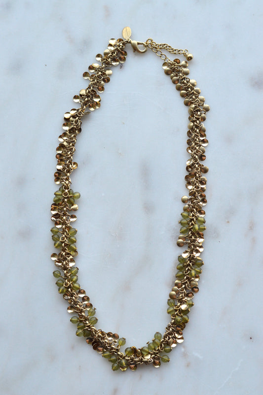Vintage Signed Worthington Gold-Tone Beaded Cluster Necklace – Olive Green & Metallic Disc Fringe, 90s Statement Jewelry