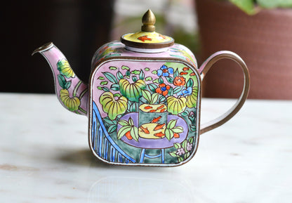 Vintage Trade + Aid Miniature Enamel Teapot - Matisse Goldfish Design No. 18 - Hand Painted Collectible Copper & Brass Teapot