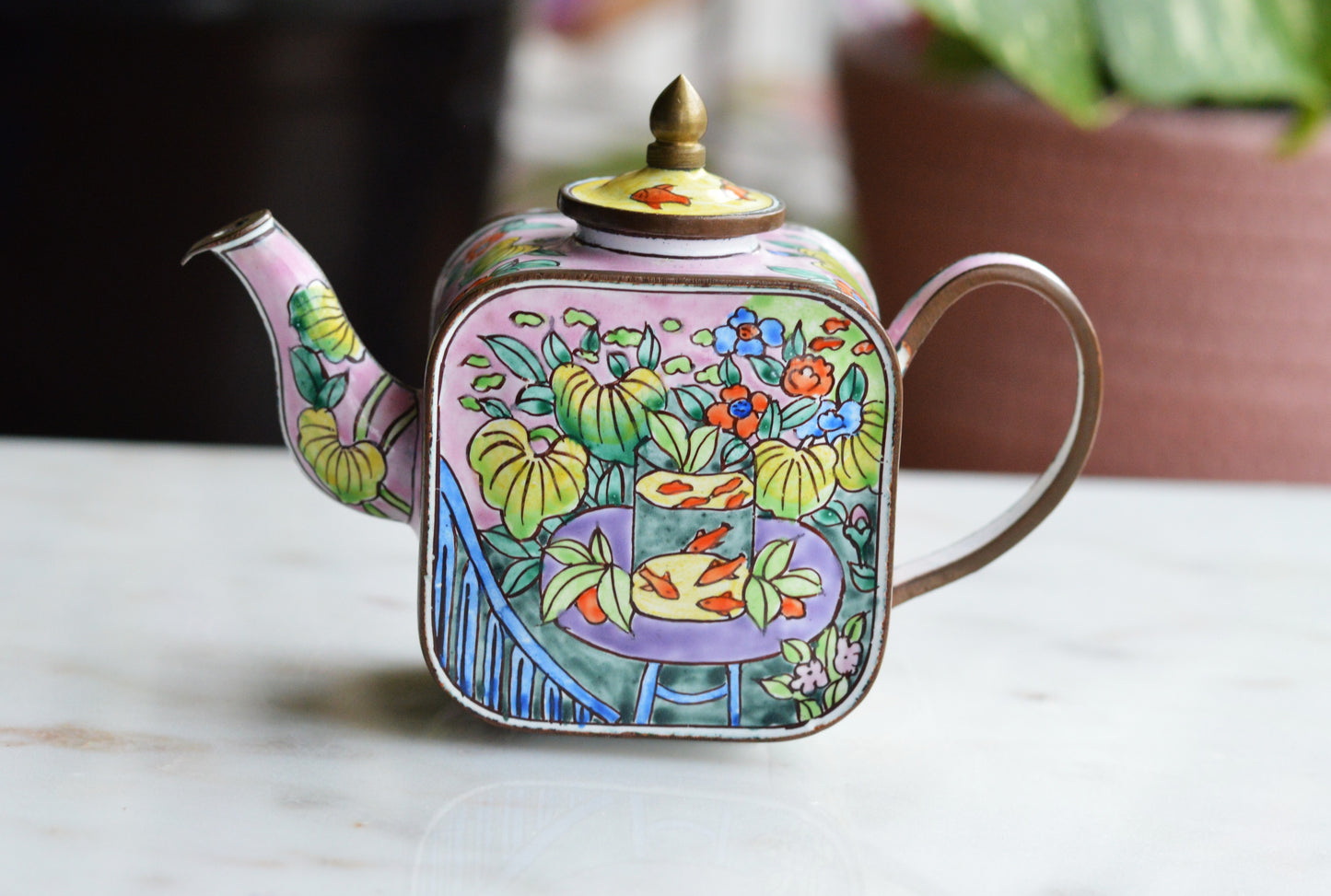 Vintage Trade + Aid Miniature Enamel Teapot - Matisse Goldfish Design No. 18 - Hand Painted Collectible Copper & Brass Teapot